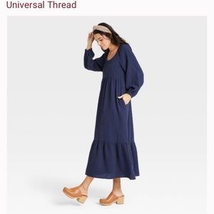 UNIVERSAL THREAD Balloon Long Sleeve Dress Blue with Pockets Size Medium